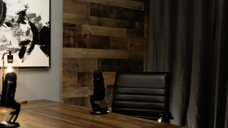 Two-person podcast recording room at Aloha Media Studio in Eagle Idaho