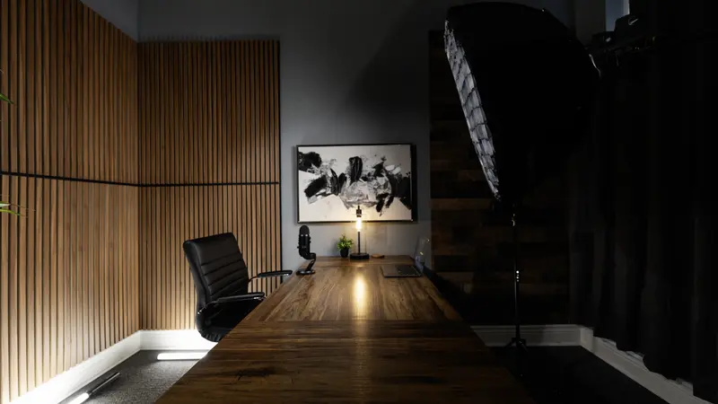 Professional solo podcast recording setup with lighting
